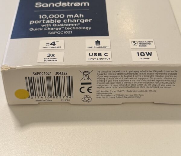 Sandstrøm 10,000mAh powerbank för strömförsörjning/snabbladdning (grå) - Bild 2